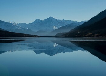 Mountain lake reflecting snow-capped peaks under blue sky